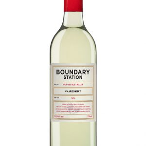 white wine bottle with red cap and black and red text on cream label