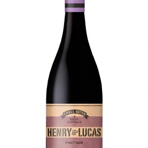 Black wine bottle with purple stripes under cap and purple and cream label
